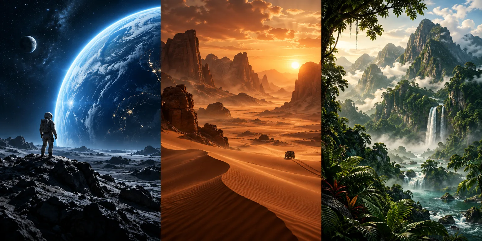 Illustration originale en trois volets : exploration spatiale, aventure dans le désert et paysage tropical